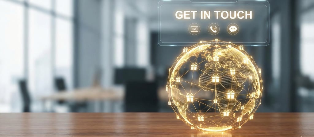"global corporate gifting service contact section with digital  world map and communication icons"