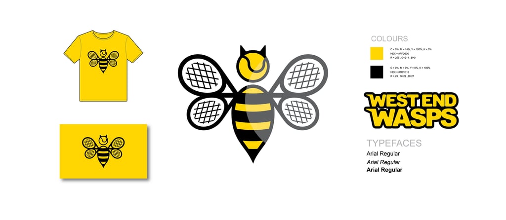 West End Wasps logo design featuring a bee mascot with tennis racket wings and a tennis ball head.