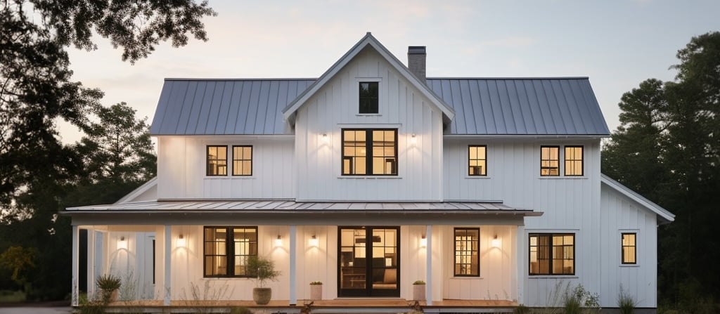 a white house with a metal roof and a metal roof