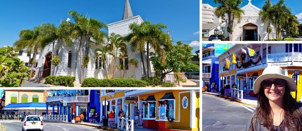 Autora explorando as ruas coloridas de George Town, Grand Cayman, com destaque para igrejas históricas ao fundo.