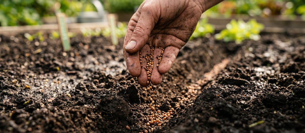 A gardener's hand planting vegetable seeds into a shallow trench of rich dark garden soil.