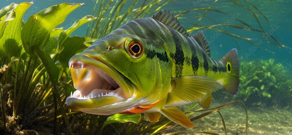 peixetucunaré amarelo com listas pretas grande com a boca aberta no fundo do rio e vegetação.