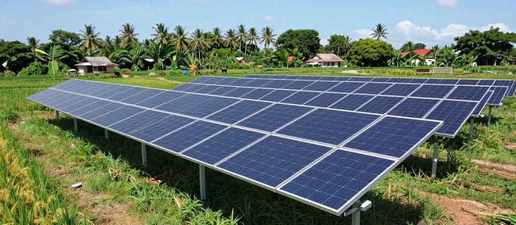 Rows of ground-mounted solar panels generating renewable energy in a lush tropical field.