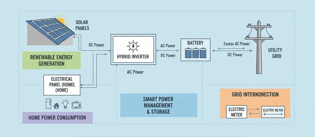 Diagram showing a hybrid and grid-tied solar power system with solar panels, hybrid inverter, and battery storage.