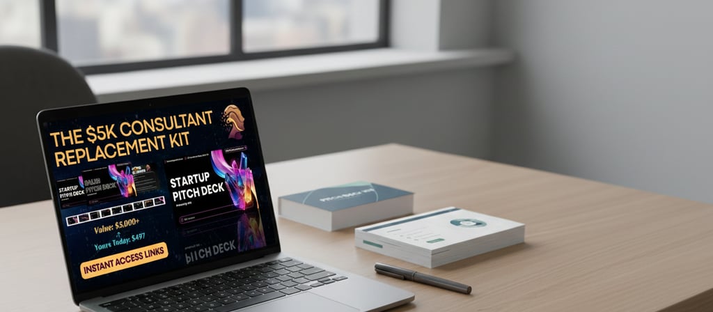 Mockup of the Pitch Deck Kit with slide previews and template designs.