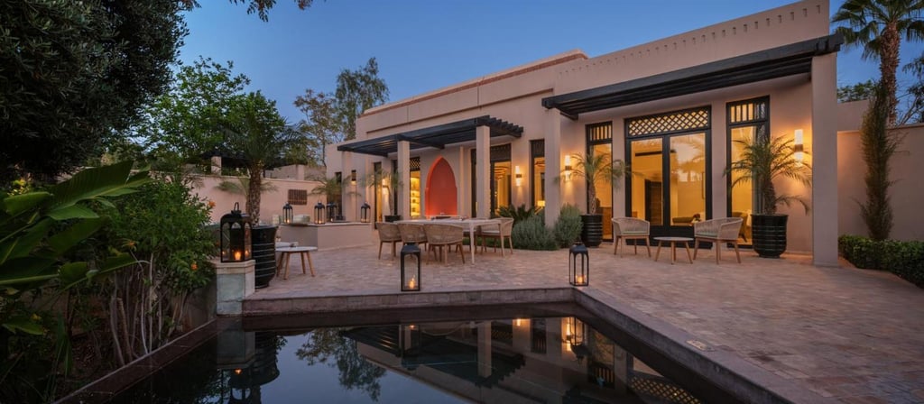 Luxury villa patio with a dark swimming pool, outdoor dining set, and lanterns at twilight.