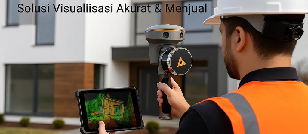 Surveyor menggunakan perangkat CHCNAV SLAM RS10 untuk pemodelan 3D properti, menampilkan hasil point