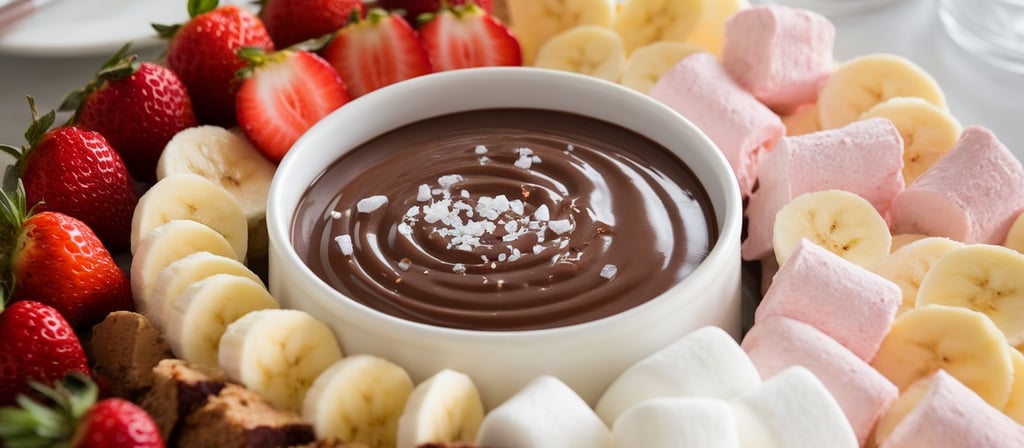 salted caramel and chocolate fondue with strawberries, bananas and marshmallows