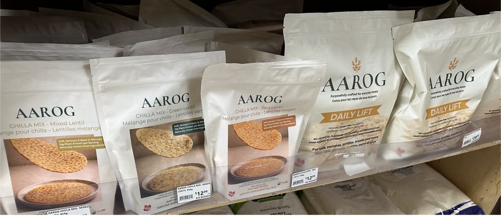 Aarog DailyLift gluten-free atta and lentil chilla mixes available in grocery stores