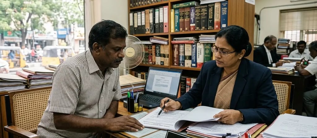 Best women lawyer in Chennai consulting client on legal documents and family law case in office