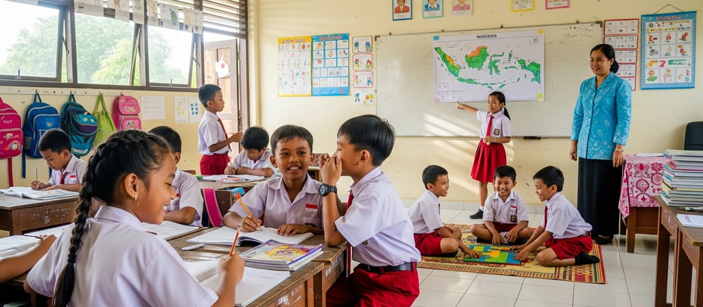 anak-anak SD yang sedang belajar sambil bermain dan diawasi oleh ibu guru.