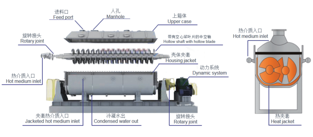 cross-section diagram of a paddle dryer highlighting shaft, paddles, jacketed shell, and bearing ass