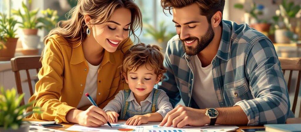 a man and woman sitting at a table with a child