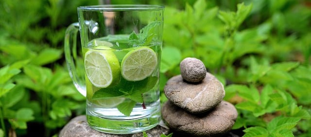 zen-artig angeordnete Steine mit einem Glas infused Wasser mit Limetten inmitten von Minze eingehüllt