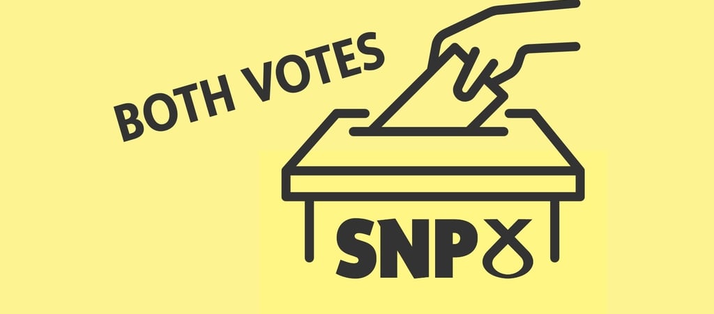 black out line graphic of a ballot box with the text both votes snp in black on yellow background