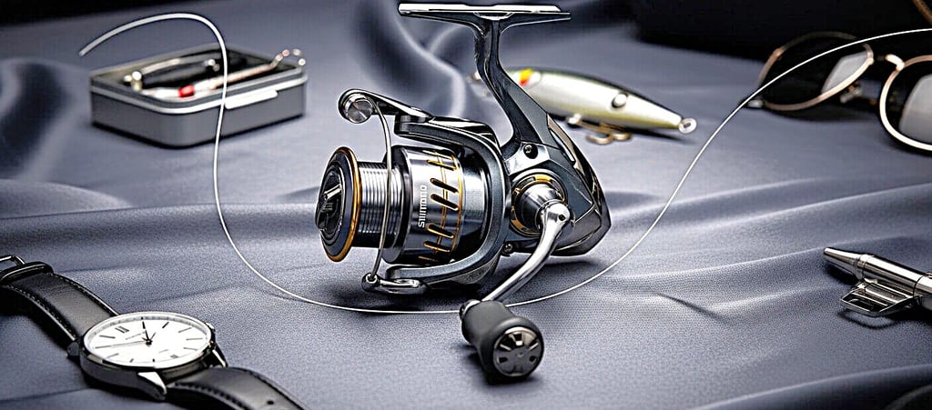 molinete shimano pesca curimba cor azul claro cima mesa junto uma isca artificial um relógio.