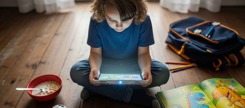 anak berbaju biru bermain tablet