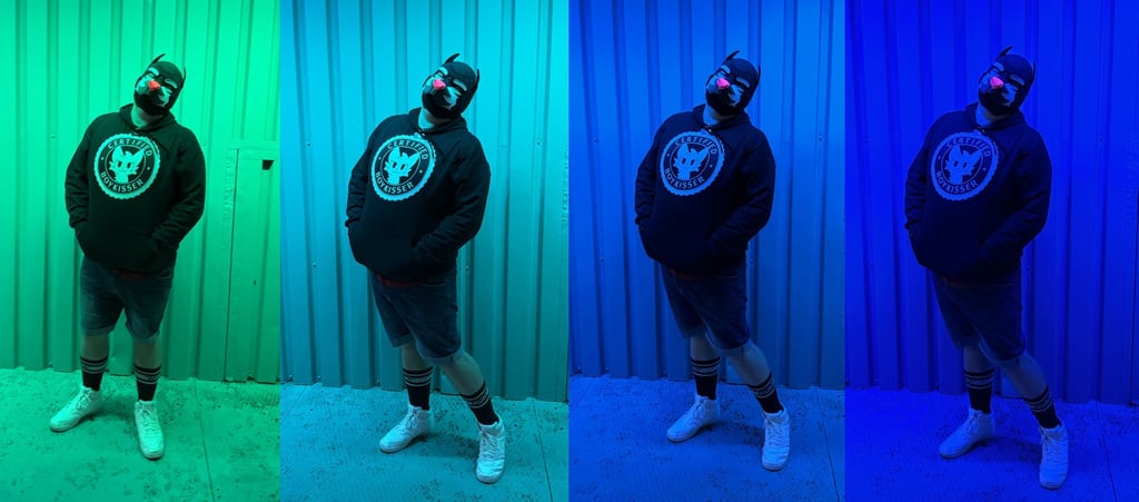 A four panel of a man in his pup mask.