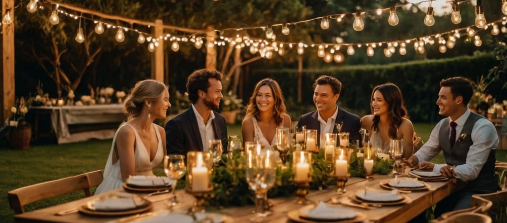 Dîner de mariage intimiste en extérieur avec guirlandes lumineuses