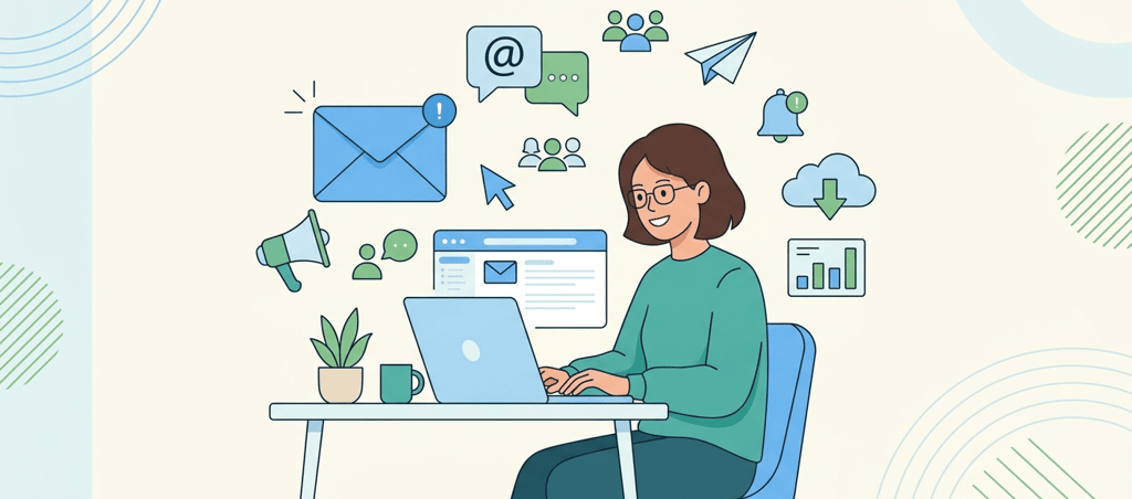 Página de contato com ilustração de comunicação por email em um site de viagens.