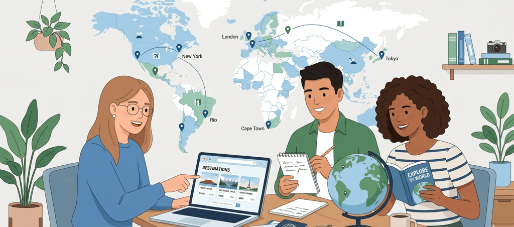 Equipe planejando viagens com mapa do mundo em um site de turismo.