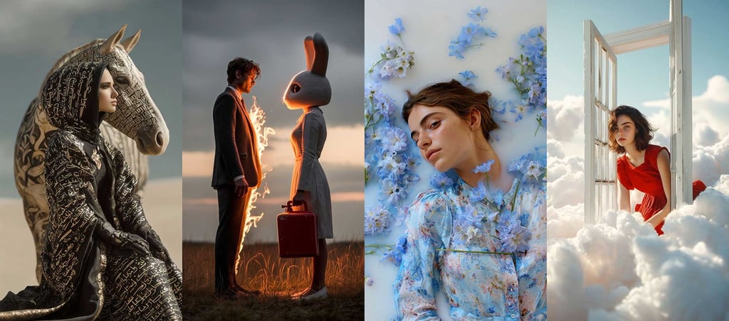 Instagram Reels showcase featuring surreal and cinematic visuals including a woman with a horse, a m