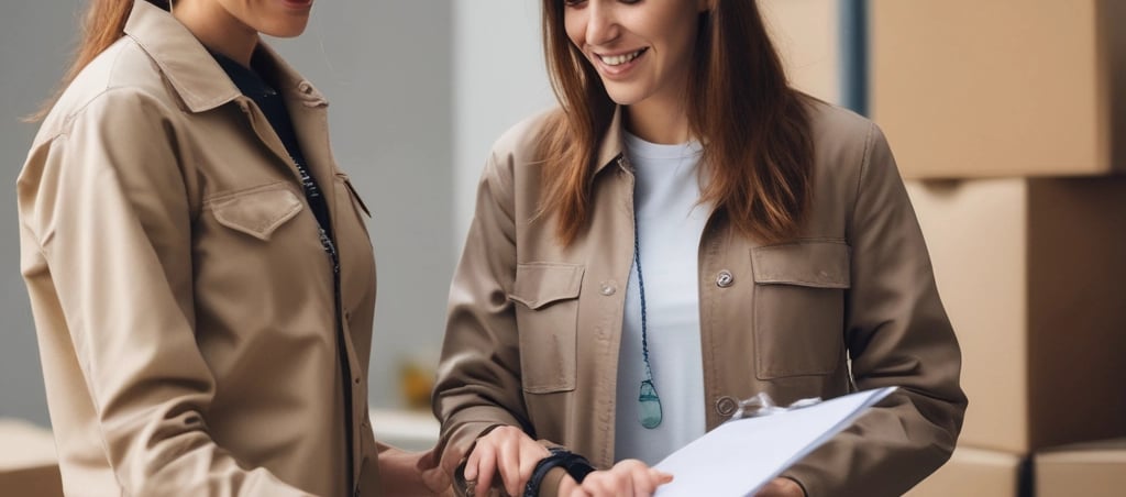 a woman and a man are standing in a warehouse