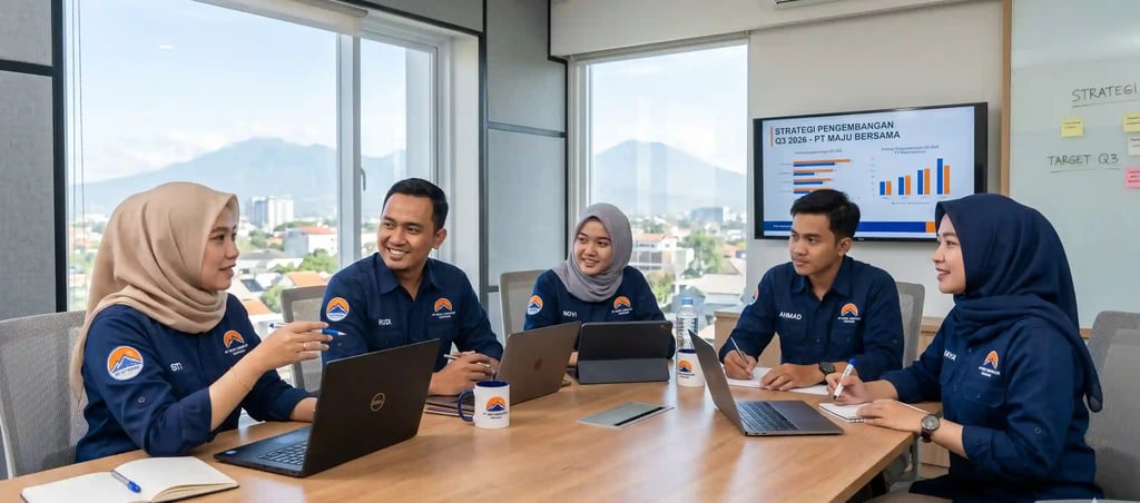 Proses meeting karyawan korporat mengenakan kemeja pdh custom premium buatan vendor konveksi jakarta