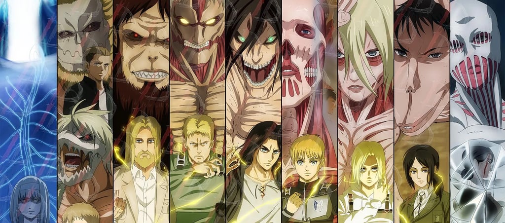 A collage of Nine Titans and their human shifters from the Attack on Titan anime series.
