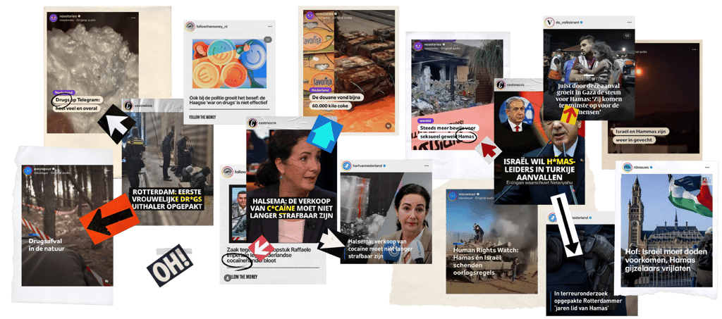 Collage van nieuwsberichten op sociale media van verschillende kanalen