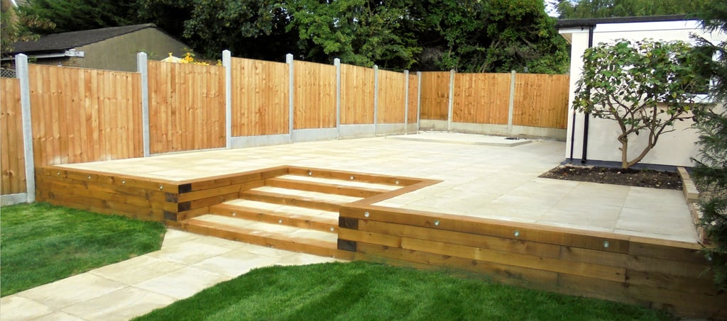 Large multi-level tiered garden makeover, sleeper retaining wall and steps elevated garden