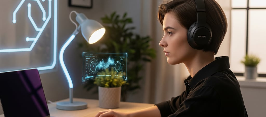 Uma mulher usando fones de ouvido, sentada em uma mesa.