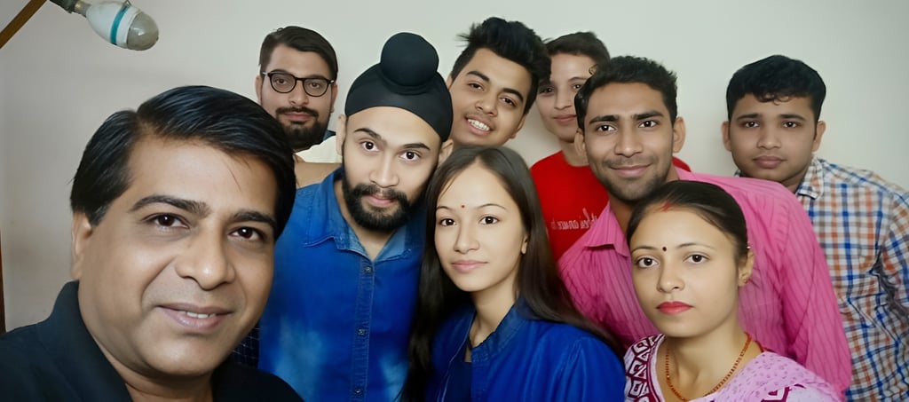 a group of people standing around a man in a blue shirt