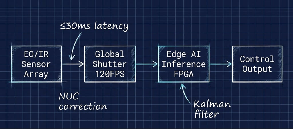 Low-latency system block diagram showing EO/IR sensors, Edge AI inference FPGA, and control output.