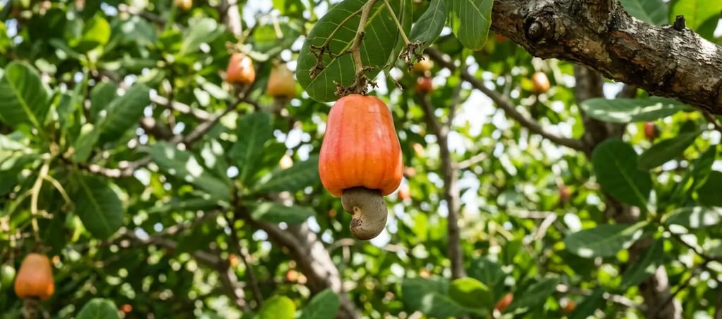 Maçãs de caju vermelhas maduras com castanhas pendendo de um galho verde de cajueiro em um pomar.
