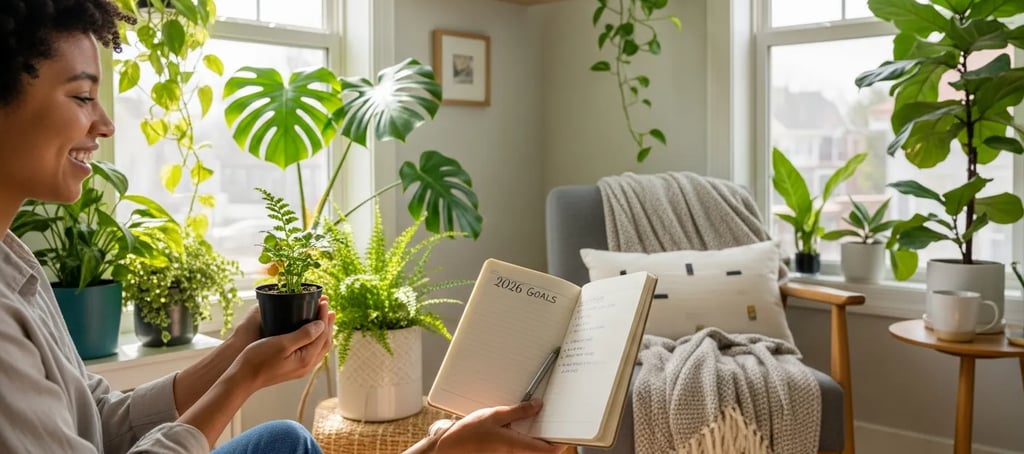 Libreta de propósitos de año nuevo rodeada de plantas de interior sanas y bonitas.