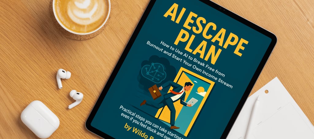 a tablet computer with the AI Escape Plan eBook sitting on a table with a cup of coffee