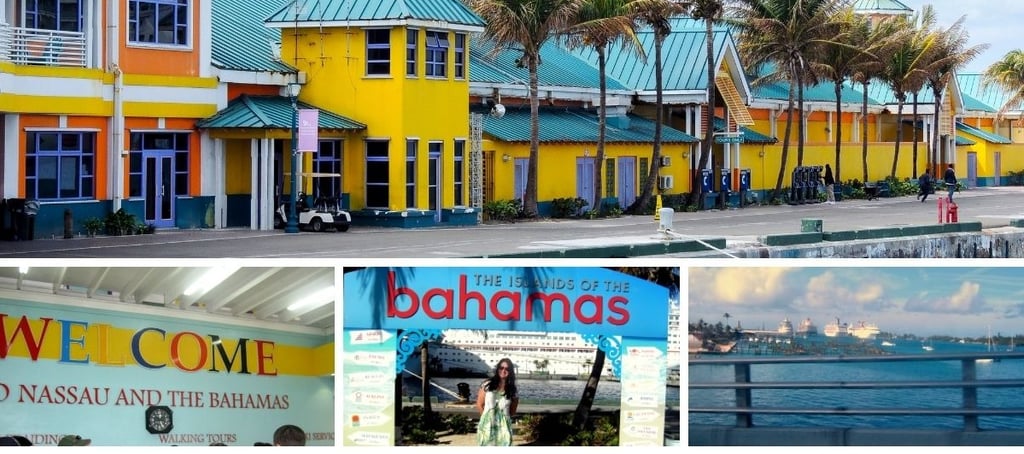 Autora em Nassau, Bahamas, com cores e paisagens da cidade e navios de cruzeiros ao fundo