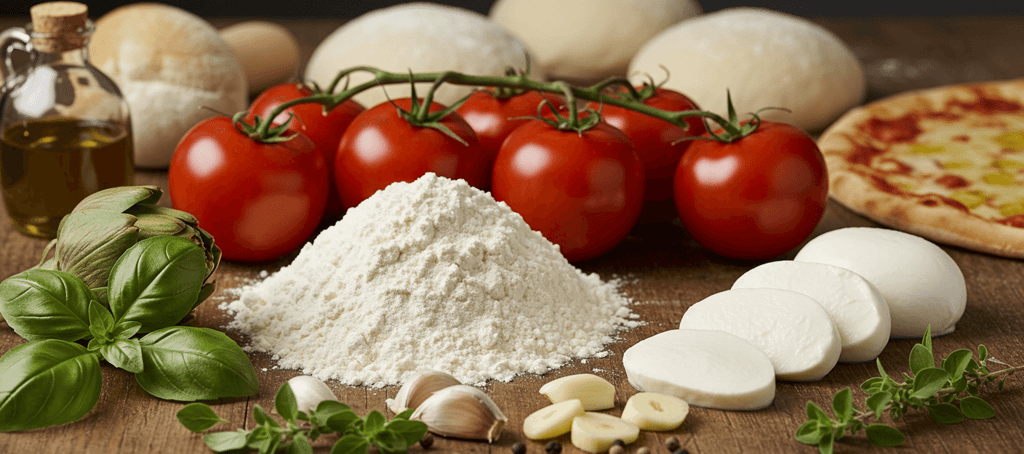 a pizza with tomatoes and cheese on a table