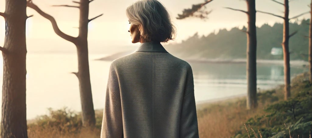 A woman walking peacefully in the nature. Soft light, muted tones, calm reflection.
