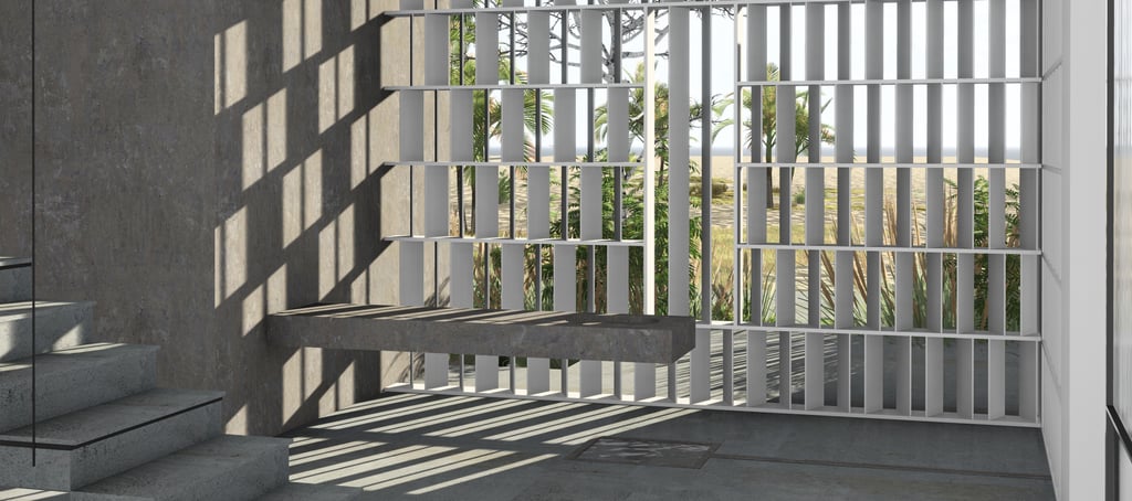 Concrete floating bench and a slatted wall casting shadows and revealing an outdoor view.