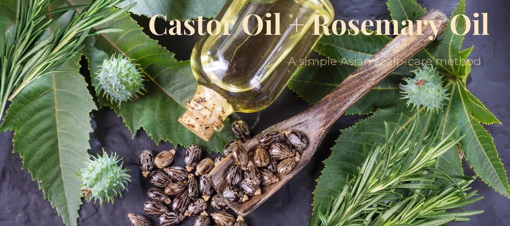 Castor oil and rosemary oil ingredients arranged for a scalp care hair growth routine.