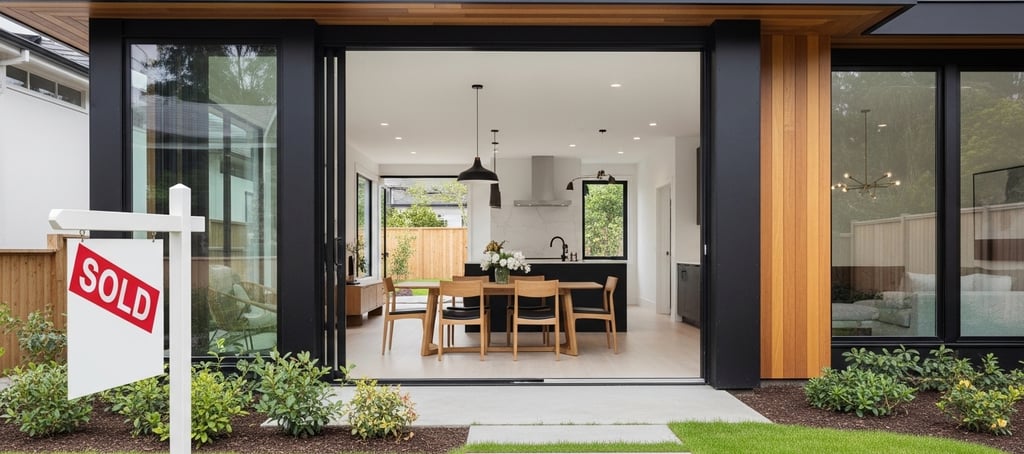 a modern open concept home with large windows and garden view