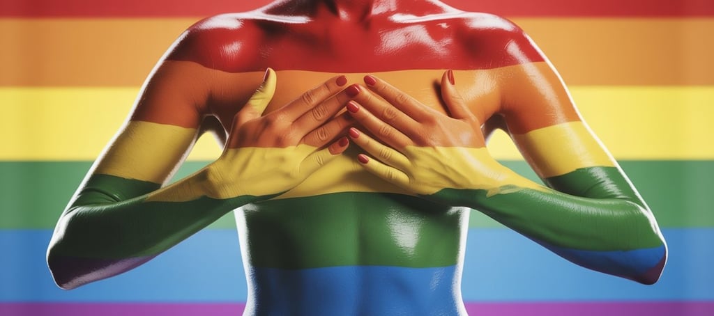 a person wearing rainbow paint across their body