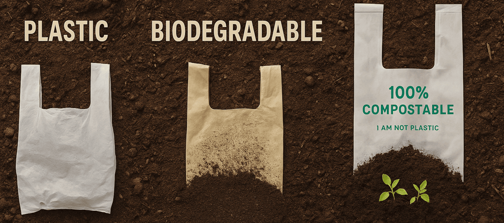 difference between biodegradable bag, plastic bag and compostable bag