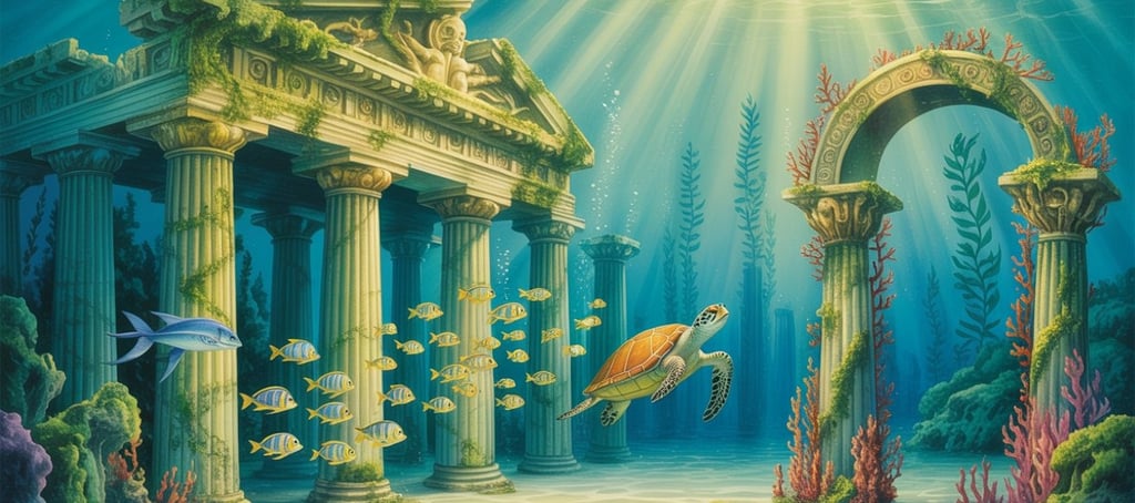 Sunken ruins of Atlantis glowing beneath the ocean