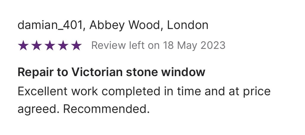 Five-star customer review for a Victorian stone window repair in Abbey Wood, London.