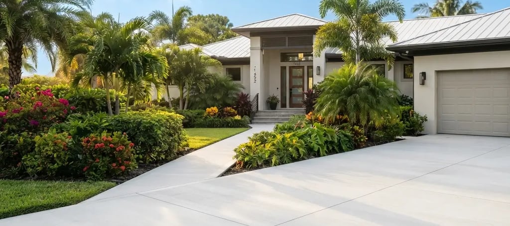 Concrete driveway and walkway leading to a Florida home