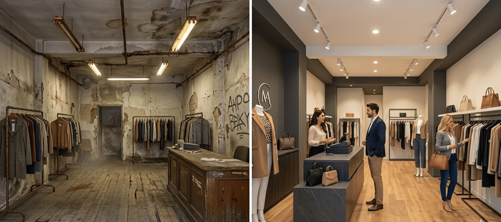 Before and after comparison of a retail clothing store renovation with modern interior design and track lighting.