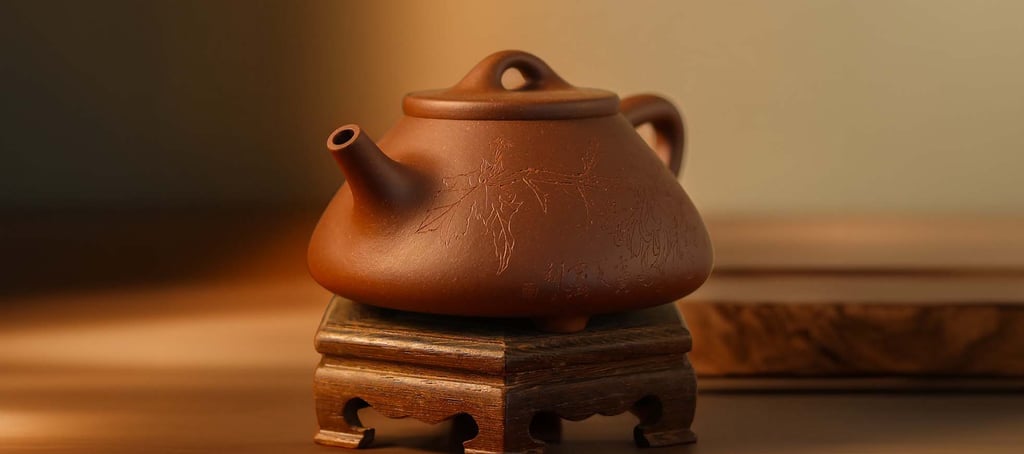 A Yixing teapot on a wooden base, with engraved leaves and branches